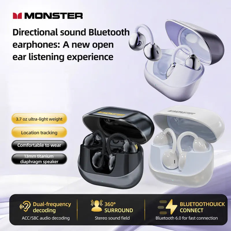 Monster AC235 Wireless Ear Hook Headphones - 40H Playtime, Bluetooth 6.0 Sport Earbuds
