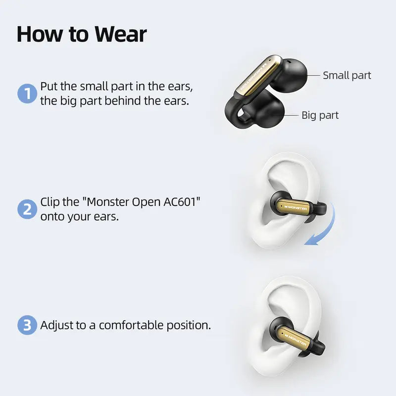 Monster AC601 Clip-On Open Ear Wireless Earbuds - 100H Playtime, Ultra-Light Sport Headphones