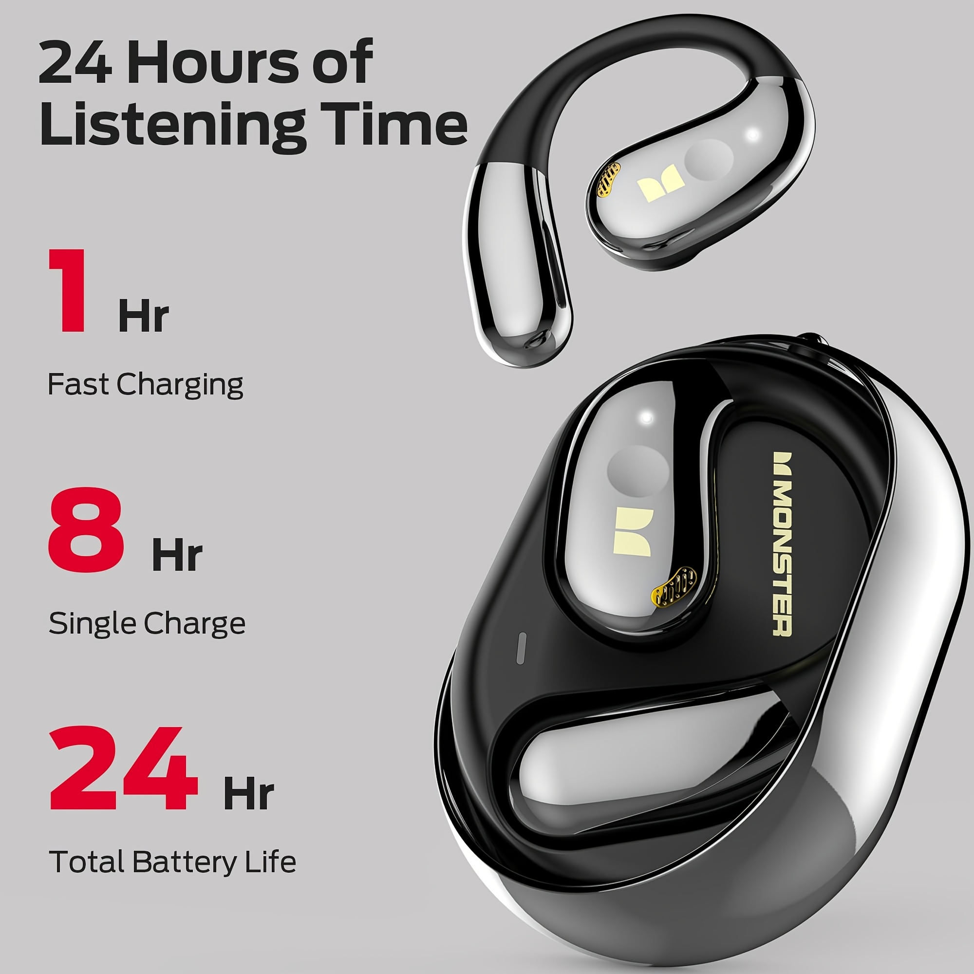 Monster AC360 Open Ear Rotary Earphones, Wireless 5.4, 24H Playtime & Touch Control with Lanyard