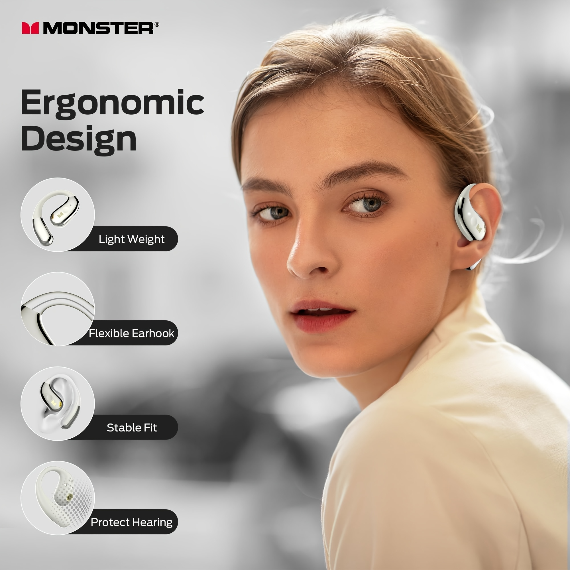 Monster AC360 Open Ear Rotary Earphones, Wireless 5.4, 24H Playtime & Touch Control with Lanyard