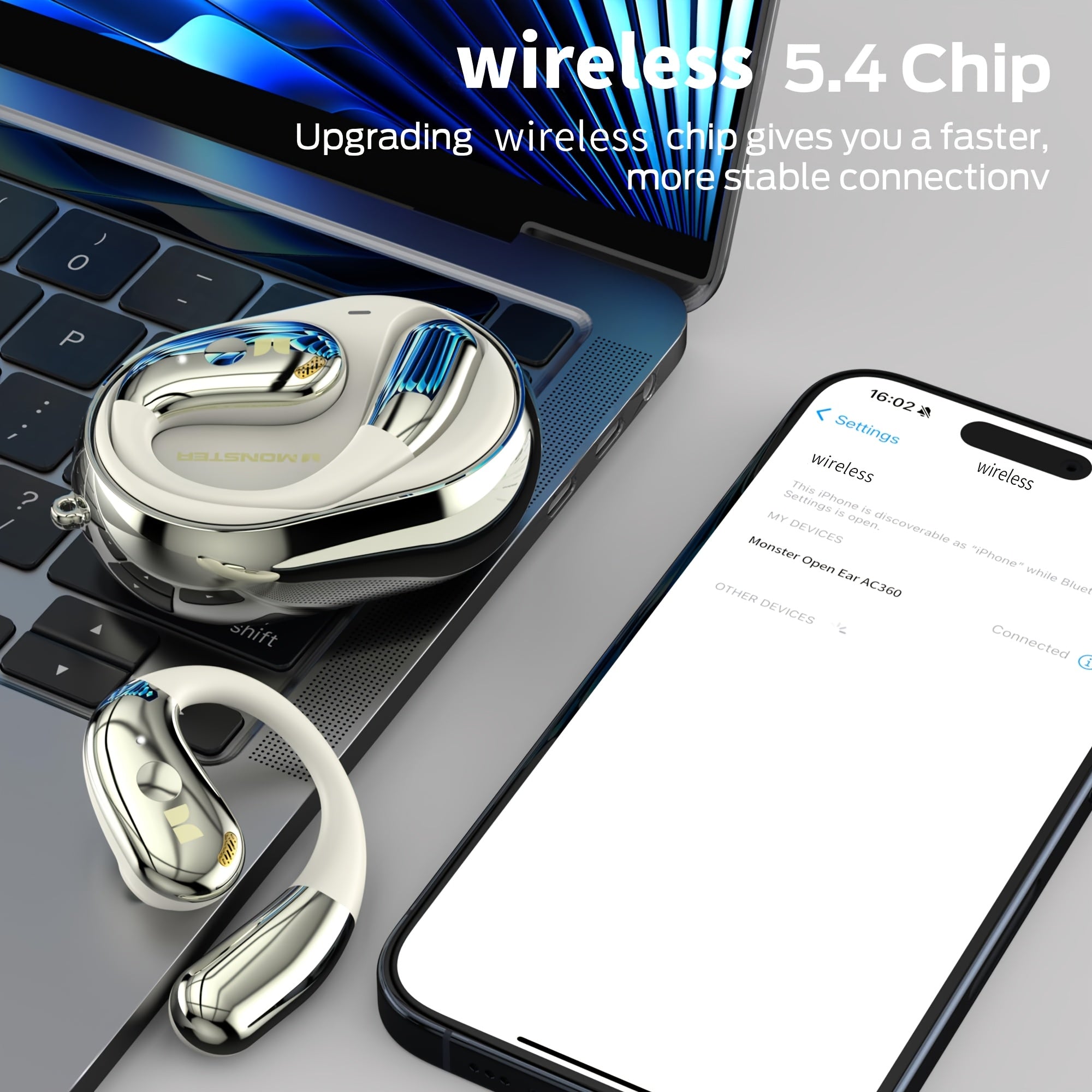 Monster AC360 Open Ear Rotary Earphones, Wireless 5.4, 24H Playtime & Touch Control with Lanyard