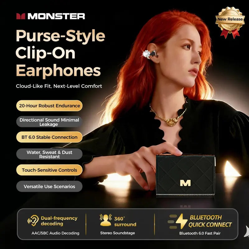 Monster AC739 Open Ear Clip-On Earbuds, Bluetooth 6.0 Wireless Headphones, 100H Playtime & Powerful Bass