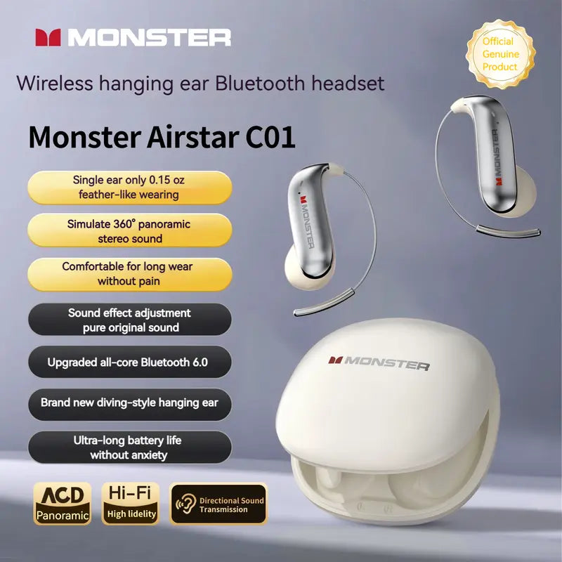 Monster C01 Titanium Ear-Hook Headphones: 145H Playtime, Bluetooth 6.0 Wireless Earbuds