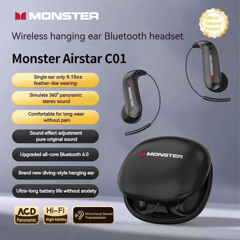 Monster C01 Titanium Ear-Hook Headphones: 145H Playtime, Bluetooth 6.0 Wireless Earbuds