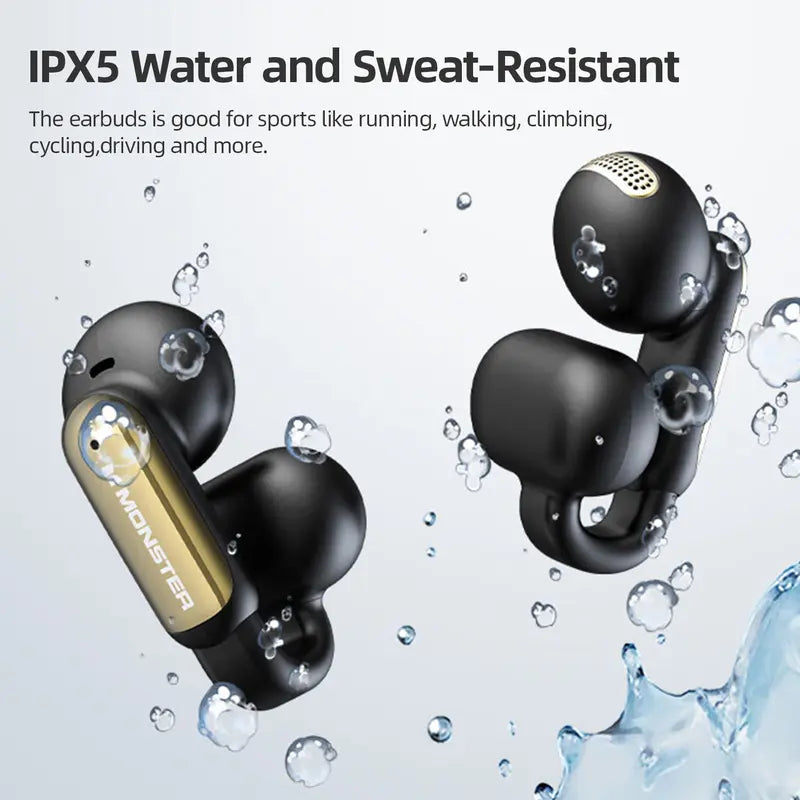 Monster AC601 Clip-On Open Ear Wireless Earbuds - 100H Playtime, Ultra-Light Sport Headphones