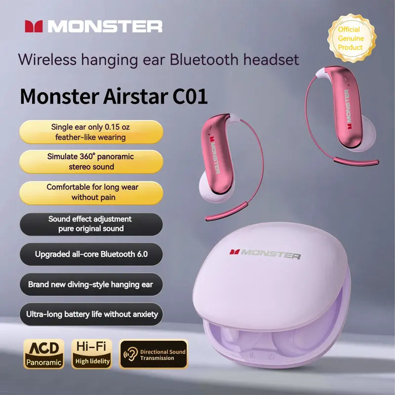 Monster C01 Titanium Ear-Hook Headphones: 145H Playtime, Bluetooth 6.0 Wireless Earbuds