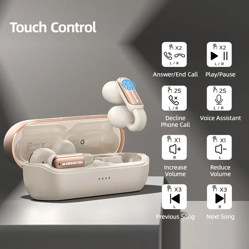 Monster AC601 Clip-On Open Ear Wireless Earbuds - 100H Playtime, Ultra-Light Sport Headphones