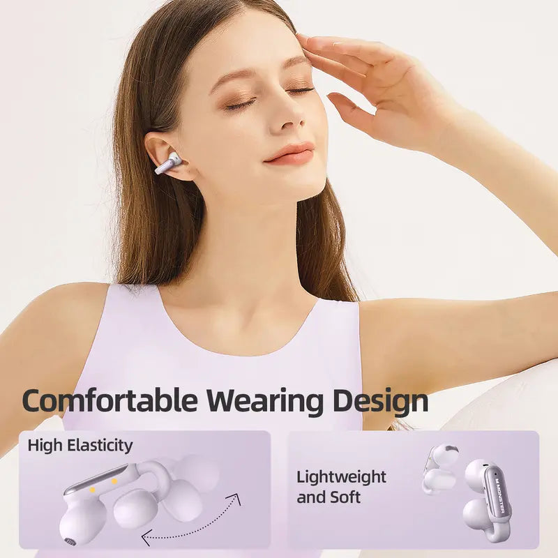 Monster AC601 Clip-On Open Ear Wireless Earbuds - 100H Playtime, Ultra-Light Sport Headphones
