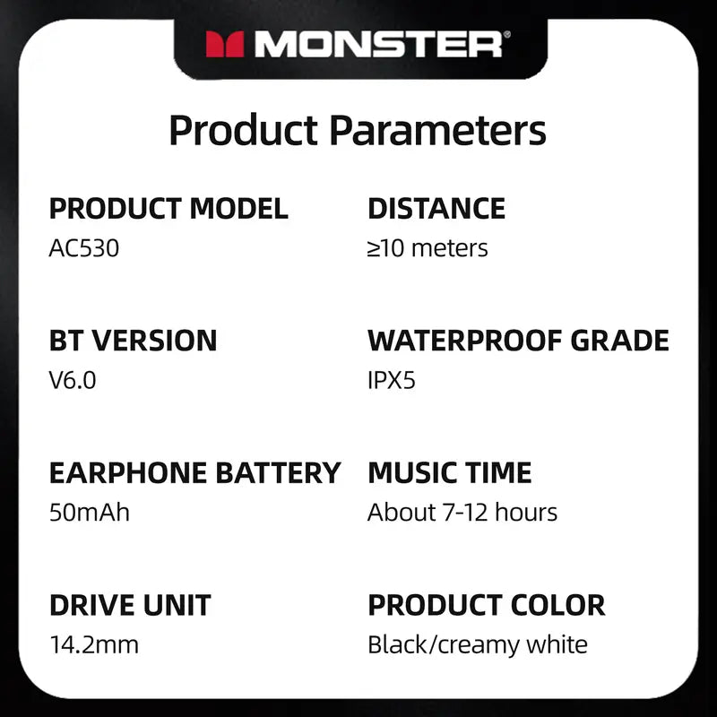 Monster AC530 Dual-Fold Wireless Earbuds - 145H Playtime, Bluetooth 6.0 Headphones