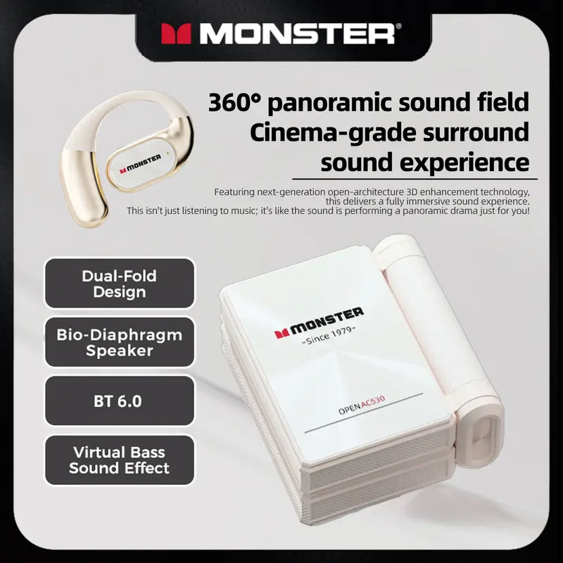 Monster AC530 Dual-Fold Wireless Earbuds - 145H Playtime, Bluetooth 6.0 Headphones